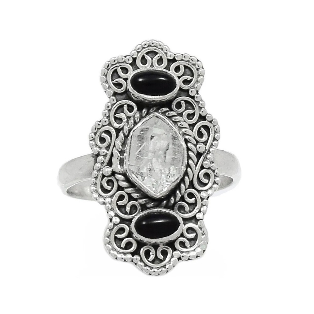 NEW Sterling Silver Herkimer Diamond & Black Onyx Healing Crystal Ring